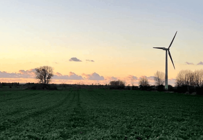 Vindmølle over en grøn mark på Stevns i solnedgang